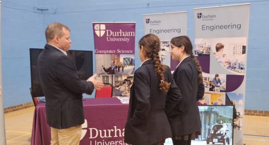 Pupils interacting with exhibitors at Harrogate Ladies' College Careers Fair